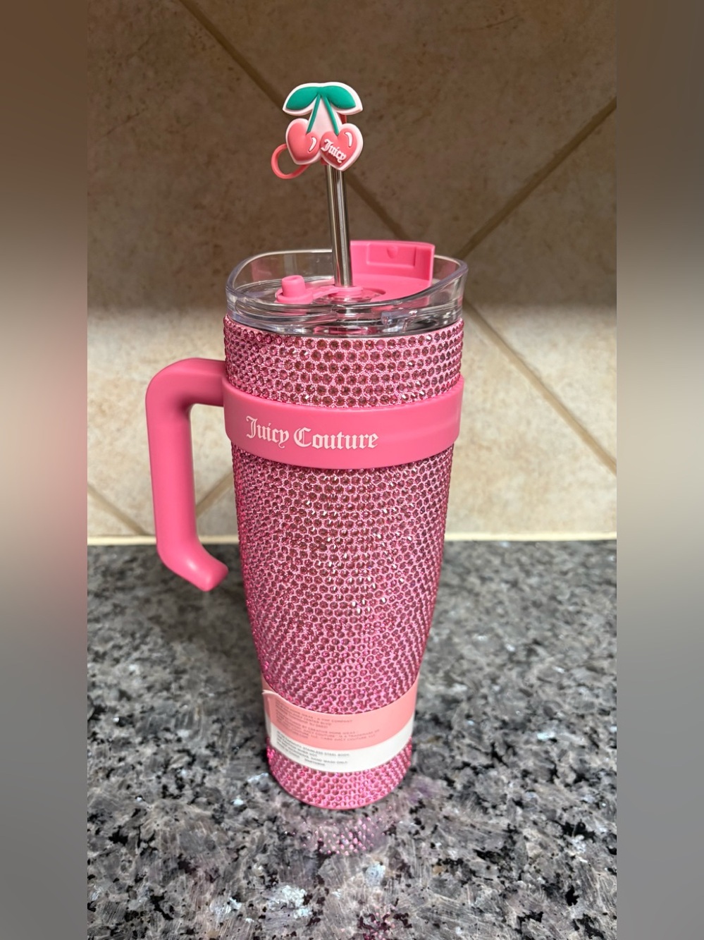 Juicy couture Pink 
Rhinestone Stainless Steel Tumbler 40oz with straw/handle